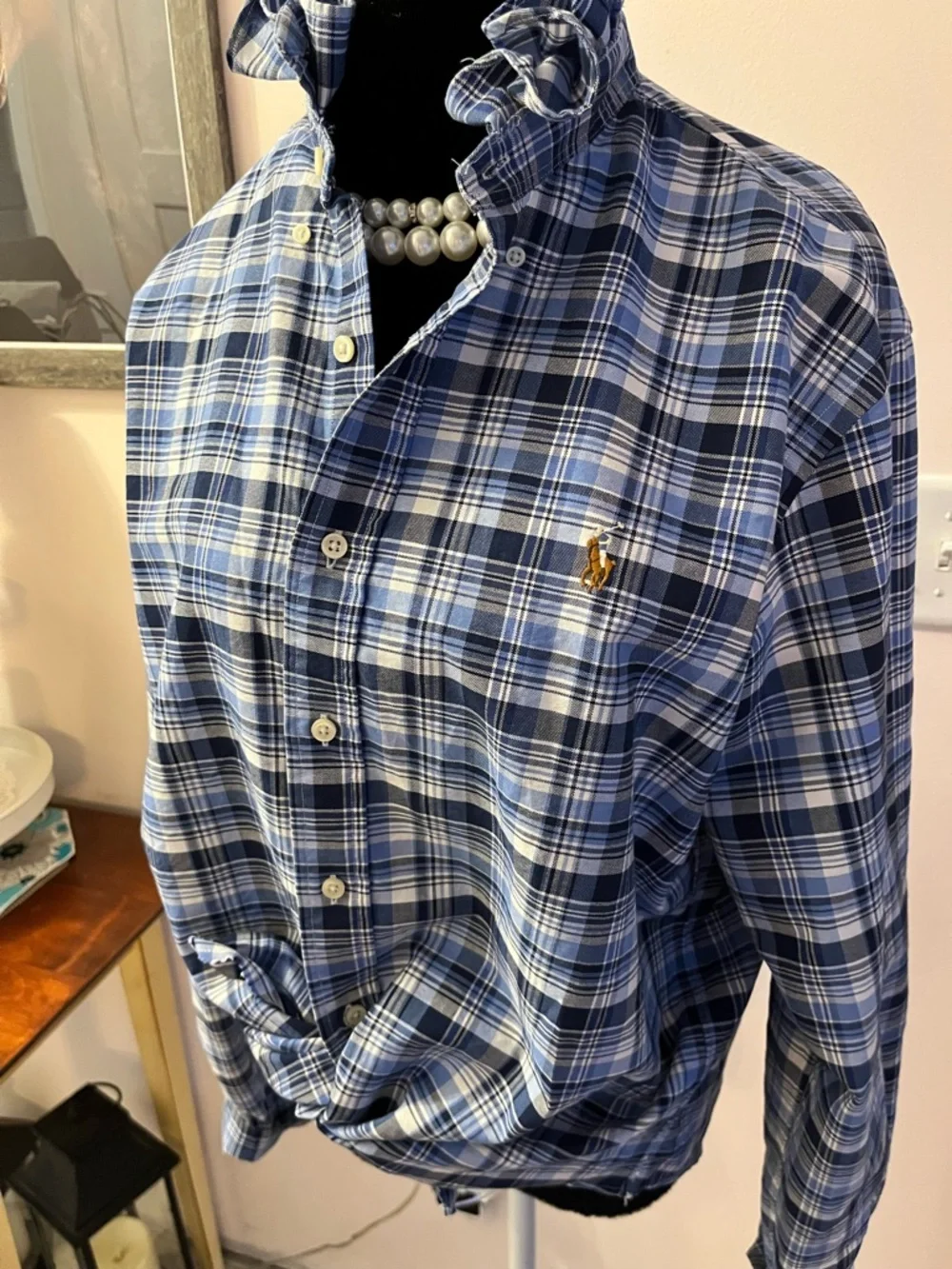 Upcycled Ralph Lauren Navy and Light Blue Plaid Shirt with ruffle collar - Picture 3 of 7